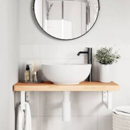 Berkfield Home Elegant Basin Shelf Wall Mounted Steel & Solid Wood Beech in Brown - thumbnail 1