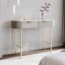 CARME HOME Imogen Mocha Dressing Table - Drawers with ribbed front finished - Marble-effect tabletop in Brown - thumbnail 1