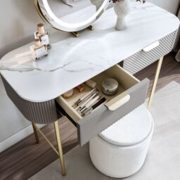 CARME HOME Imogen Mocha Dressing Table - Drawers with ribbed front finished - Marble-effect tabletop in Brown - thumbnail 3