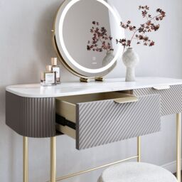 CARME HOME Imogen Mocha Dressing Table - Drawers with ribbed front finished - Marble-effect tabletop in Brown - thumbnail 2