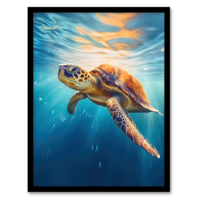 Artery8 Wall Art Print Sea Turtle Barbados Marine Swimming Blue Clear Water Art Framed in Black - Size: A4 - image 1