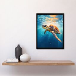Artery8 Wall Art Print Sea Turtle Barbados Marine Swimming Blue Clear Water Art Framed in Black - Size: A4 - thumbnail 4