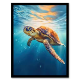 Artery8 Wall Art Print Sea Turtle Barbados Marine Swimming Blue Clear Water Art Framed in Black - Size: A4 - thumbnail 1