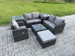 Fimous 7 Piece Garden Furniture Sets 6 Seater Outdoor Patio Furniture Set Weaving Wicker Rattan Sofa Chair & Table with 2 Side Tables Big Footstool