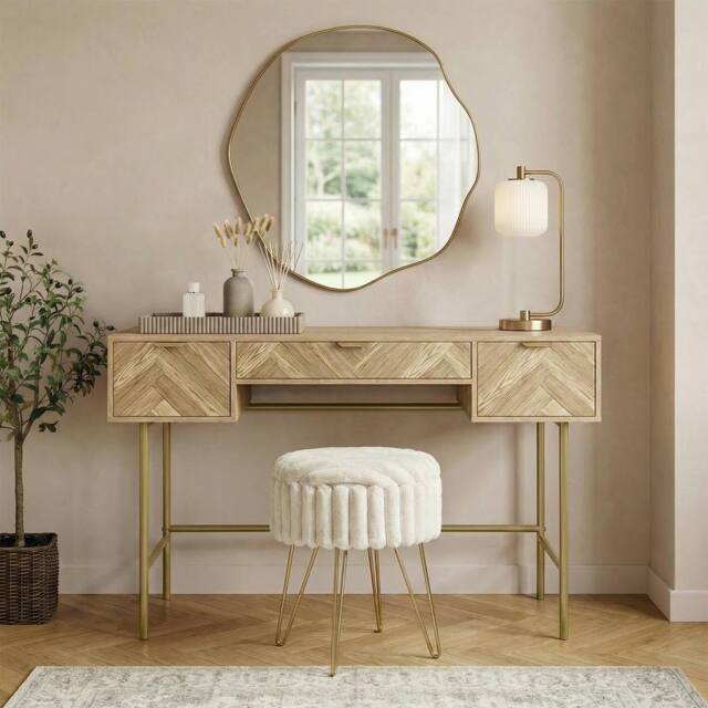 OHS Chevron Wood Dressing Table 3 Drawer Vanity Makeup Desk in Light Oak - image 1