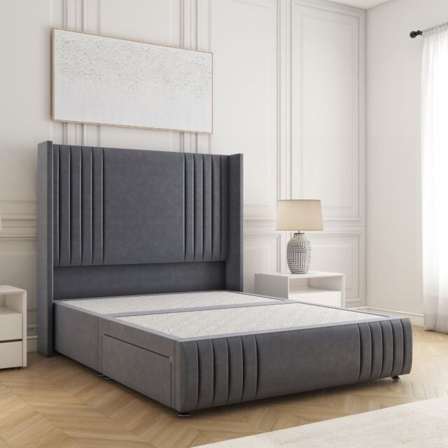 "BSSPOKE Peyton Divan Bed Plush Velvet 54"" Headboard & No Mattress No Drawers in Charcoal - Size: Small Double" - image 1