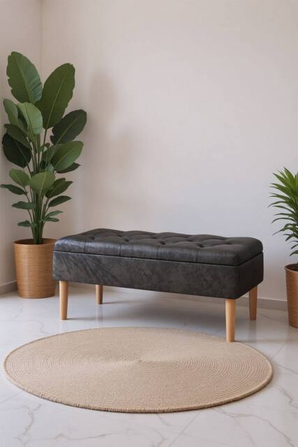 Velvet Storage Bench Ottoman on Rubber Wood Legs in Grey