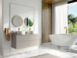 Vente-unique Suspended Striped Bathroom Cabinet With Gold Trim & Double Round in Beige - thumbnail 4
