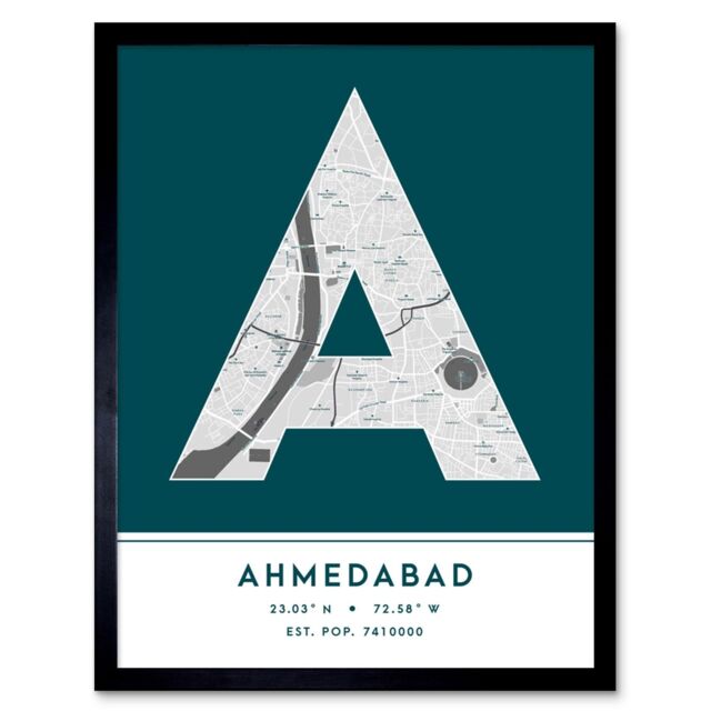 "Wee Blue Coo Wall Art Print Ahmedabad India City Map Modern Typography Stylish Letter Framed Word in Teal - Size: W12"" x H16""" - image 1