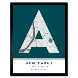 "Wee Blue Coo Wall Art Print Ahmedabad India City Map Modern Typography Stylish Letter Framed Word in Teal - Size: W12"" x H16""" - thumbnail 1