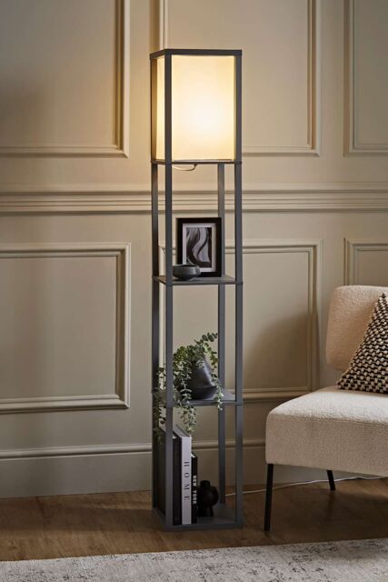 ValueLights Struttura Wooden Shelving Floor Lamp with Fabric Shade in Grey - image 1