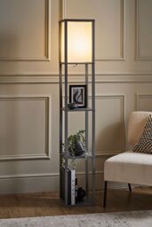 ValueLights Struttura Wooden Shelving Floor Lamp with Fabric Shade in Grey - thumbnail 1