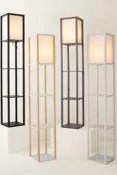 ValueLights Struttura Wooden Shelving Floor Lamp with Fabric Shade in Grey - thumbnail 8