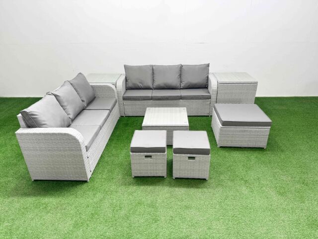 Fimous Outdoor Garden Furniture Sets 9 Seater Wicker Rattan Furniture Sofa Sets w/ Square Coffee Table high Back Lounge Sofa 3 Stools 2 Side Table - image 1