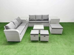 Fimous Outdoor Garden Furniture Sets 9 Seater Wicker Rattan Furniture Sofa Sets w/ Square Coffee Table high Back Lounge Sofa 3 Stools 2 Side Table - thumbnail 2