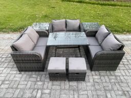 Fimous Outdoor Rattan Garden Furniture Set 8 Seater Patio Love Sofa Set with Rectangular Dining Table 2 Small Footstools 2 Side Tables in Dark Grey - thumbnail 1