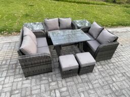Fimous Outdoor Rattan Garden Furniture Set 8 Seater Patio Love Sofa Set with Rectangular Dining Table 2 Small Footstools 2 Side Tables in Dark Grey - thumbnail 2