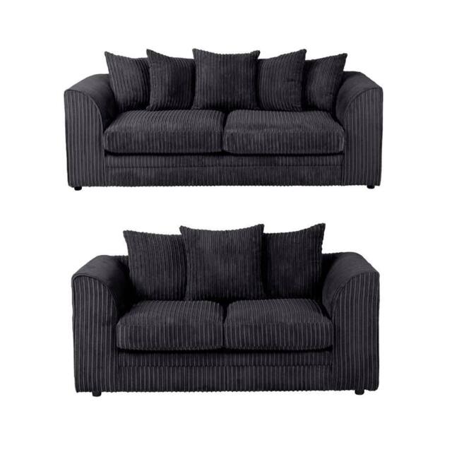 SquareBoxx Asher Jumbo Cord 3+2 Seater Sofa Set in Black - image 1