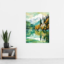 Artery8 Lake Bled Artwork Orange Green 17th Century Church On Slovenia Island Reflecting On Turquoise Water Extra Large XL Unframed Wall Art Poster - thumbnail 4