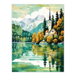 Artery8 Lake Bled Artwork Orange Green 17th Century Church On Slovenia Island Reflecting On Turquoise Water Extra Large XL Unframed Wall Art Poster - thumbnail 1