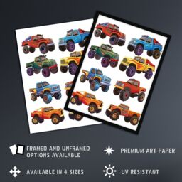 Artery8 Colourful Monster Truck Illustrations Fun Bright Framed Wall Art - Size: A4 - thumbnail 2