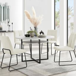 FurnitureboxUK Adley Grey Concrete Effect Round Dining Table & 4 Halleyy Fabric Chairs in Cream