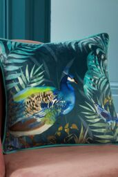 Soiree 'Peacock Jungle' Velvet Filled Cushion in Teal - Size: 43 cm x 43 cm - thumbnail 1