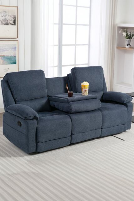More4Homes Sydney 3 Seater Fabric Manual Recliner Sofa with Drinks Console in Blue - image 1