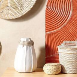 Wyld and Coco White Terracotta Vase with Rattan Neck - thumbnail 1