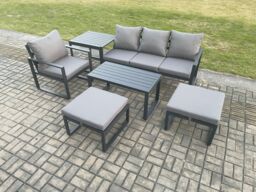 Fimous Aluminium 6 Pieces Garden Furniture Sofa Set with Cushions 6 Seater Outdoor Patio Set with Armchair 2 Big Footstools Side Table in Dark Grey - thumbnail 2