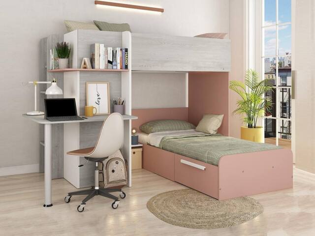 Vente-unique Corner Bunk Beds 2 X 90 X 190 Cm - With Desk - Grey, White & Pink in Light Grey - Size: Single - image 1