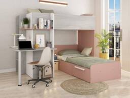 Vente-unique Corner Bunk Beds 2 X 90 X 190 Cm - With Desk - Grey, White & Pink in Light Grey - Size: Single - thumbnail 1