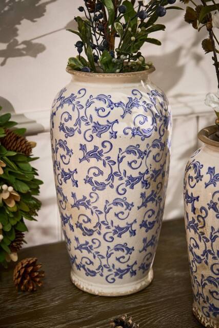Dibor Vintage Solene Blue Large Botanical Flower Urn Vase H37 x Dia19cm in Cream - image 1