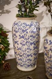 Dibor Vintage Solene Blue Large Botanical Flower Urn Vase H37 x Dia19cm in Cream