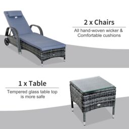OUTSUNNY 3 PCS Rattan Lounger Recliner Bed Garden Furniture Set Side Table in Black - thumbnail 7