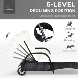 OUTSUNNY 3 PCS Rattan Lounger Recliner Bed Garden Furniture Set Side Table in Black - thumbnail 5