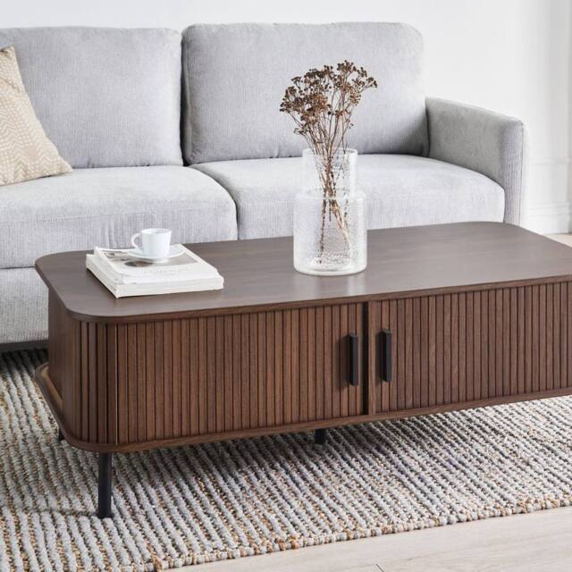 Wyld and Coco Retro Coffee Table Dark Brown Top Black Metal Legs and Sliding Storage - image 1
