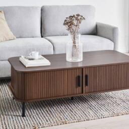 Wyld and Coco Retro Coffee Table Dark Brown Top Black Metal Legs and Sliding Storage - thumbnail 1