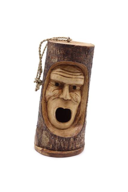 KDMD Hand-Carved Tree Trunk Bird House with Grumpy Old Man Face in Brown - image 1