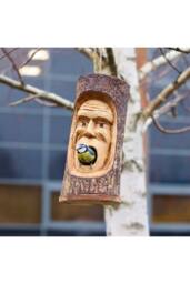 KDMD Hand-Carved Tree Trunk Bird House with Grumpy Old Man Face in Brown - thumbnail 5
