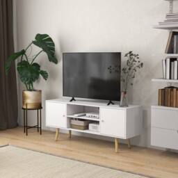Wyld Haus Vido 120cm White TV Cabinet Open Shelves & Wooden Legs - thumbnail 3