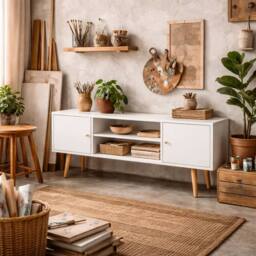 Wyld Haus Vido 120cm White TV Cabinet Open Shelves & Wooden Legs - thumbnail 1