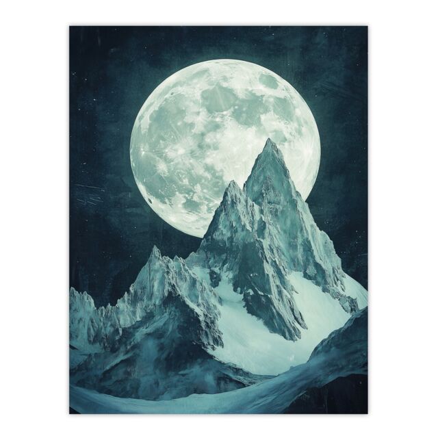"Artery8 Alpine Mountain Range Peak Full Moon Fantasy Art Wall Art Print in Blue - Size: W12"" x H16""" - image 1