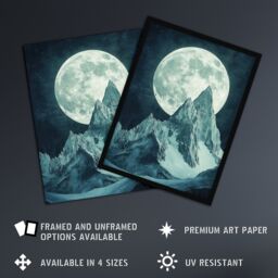 "Artery8 Alpine Mountain Range Peak Full Moon Fantasy Art Wall Art Print in Blue - Size: W12"" x H16""" - thumbnail 2
