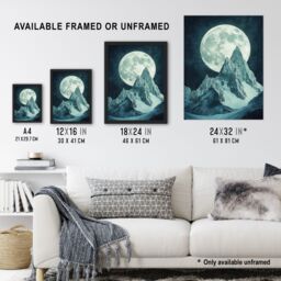 "Artery8 Alpine Mountain Range Peak Full Moon Fantasy Art Wall Art Print in Blue - Size: W12"" x H16""" - thumbnail 3