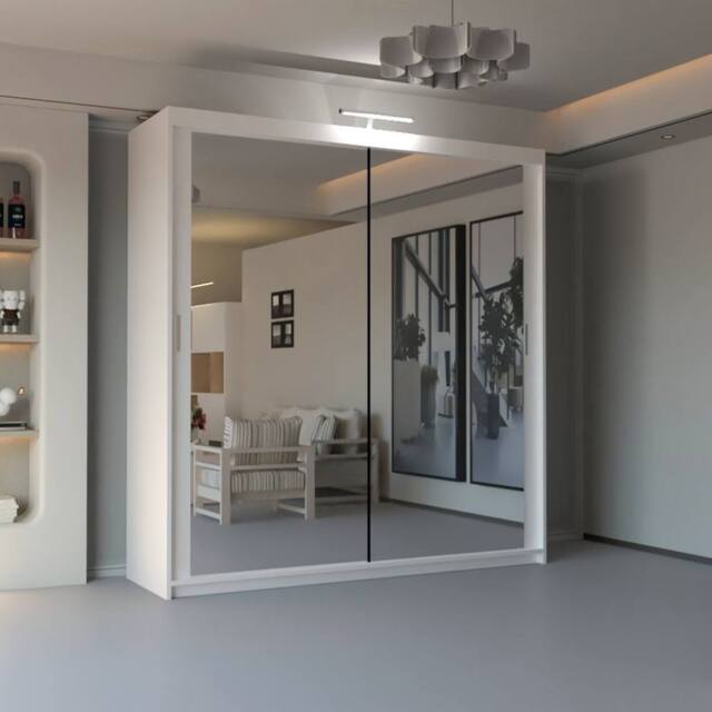 Sliding Wardrobes 4U Modern Mirror Sliding Wardrobe with Top LED Light W203cm x H217cm in White - image 1