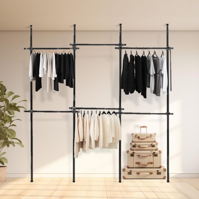 House of Home Telescopic Clothes Rail Triple Wardrobe Hanging Rack Adjustable Storage Black - image 1