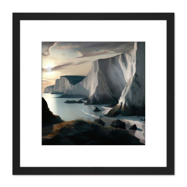 Artery8 Winter Coastal Landscape White Cliffs at Dawn Modern Oil Painting Square Wooden Framed Wall Art Print Picture 8X8 Inch in Black - image 1