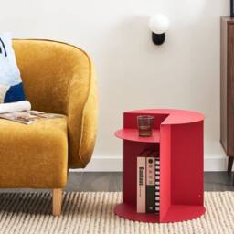 Wyld and Coco Red Round Geometric Iron Side Table with Open Side and Built-In Shelf - thumbnail 1