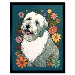 "Artery8 Wall Art Print English Sheepdog with Multicolour Daisies Bright Flowers Modern Art Framed in Black - Size: W12"" x H16""" - thumbnail 1